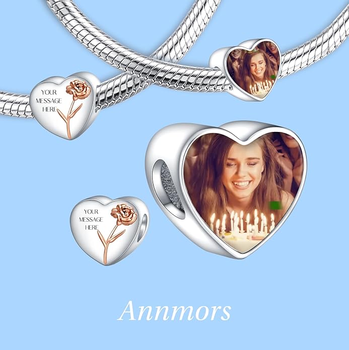 Annmors Personalized Photo Charm for Bracelet Necklaces,925 Sterling Silver Charm Love Heart Shaped Engraved Customize Picture Gift for Birthday Mother's Day Christmas,Bead Charms Jewelry for Women