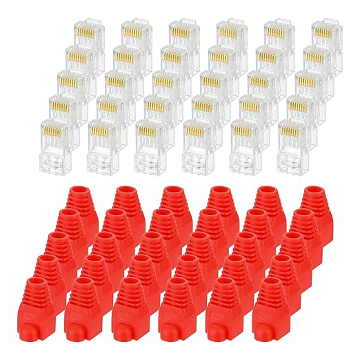 MECCANIXITY 100pcs Cat6 RJ45 Pass Through Connectors, RJ45 Connector 8P8C Gold Plated Plugs with 100pcs Red Strain Relief Boots for Solid or Stranded UTP Ethernet Cable, 1.1mm