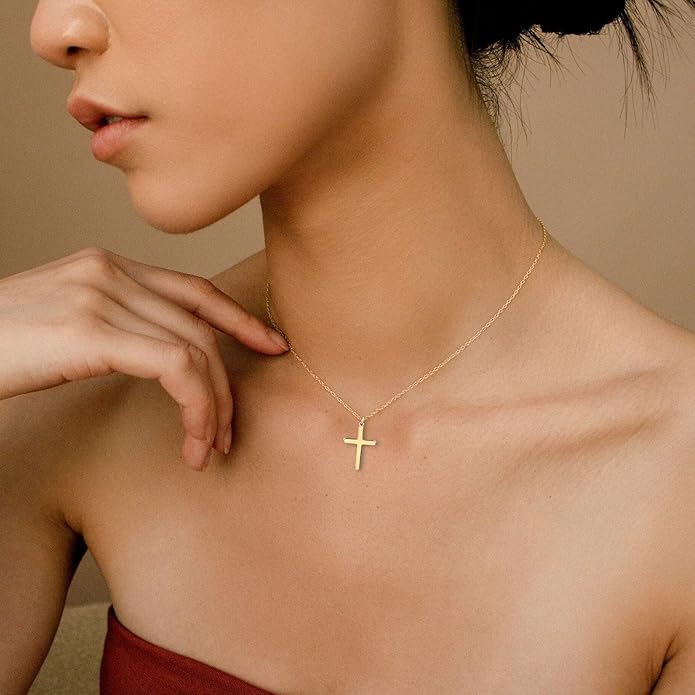 Tewiky Christian Gift Stocking Stuffers Cross Necklace for women-Dainty 14k Gold Plated/Silver Plated Pendant Necklaces Simple Cute Tiny Necklace Jewelry for Women