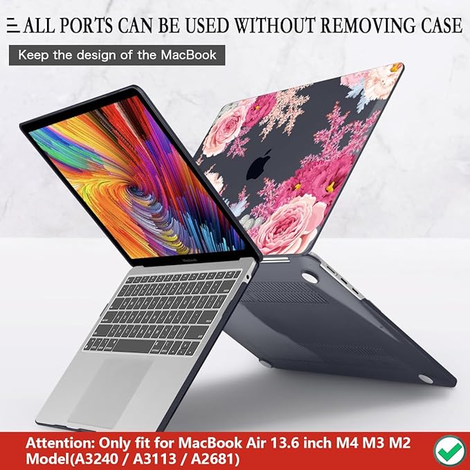 CISSOOK Laptop Cover, Hard Shell Case with Keyboard Cover for MacBook Air 13.6 inch M3 A3113 & M2 A2681, Gorgeous Flowers