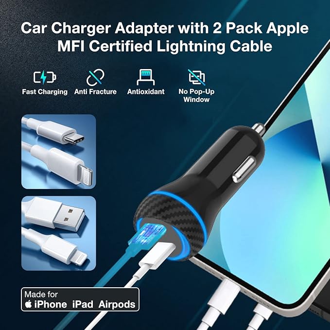MOCA 51W QC 3.0 Fast Charging W/ 2pcs 3.3ft A-P/C-P Cable Car Charger for iPhone 16/15/14 Pro Max/Plus/16e, iPad, Samsung Galaxy S25/S24/S23 Ultra, Pixel, Android, PD/QC Car Phone Adapter Accessories