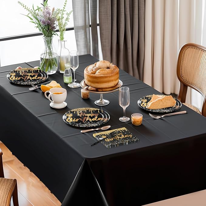 75PCS Happy Birthday Plates and Napkins, 7 Inch Black and Gold Paper Cake Plates Disposable Party Supplies Party's Tableware for Birthday Party Decorations
