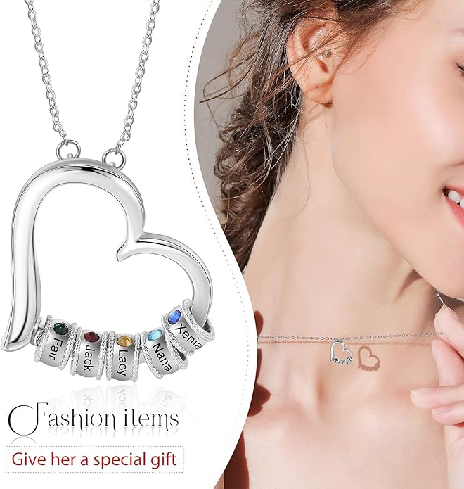 Personalized Women's Pendant Necklace 925 Sterling Silver with 1-5 Simulated Birthstone Names Customized Heart Shape Cubic Zirconia Necklace