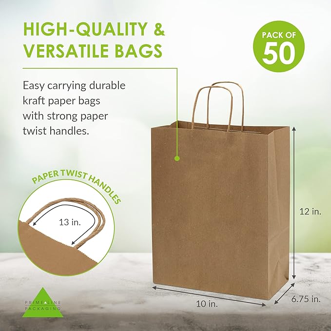 Prime Line Packaging Brown Paper Bags, Medium Shopping Bags with Handles for Small Business, To Go Food, Grocery, Retail, Party Favors, 10x6.75x12, 50 Pack