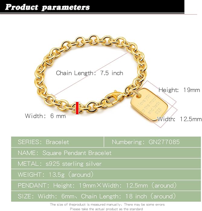 Dankadi Women 925 Sterling Silver Round Cable Wire Link Bracelet Charm Heart-Bell-Square-Circle Pendant Chain Bangle Fine Jewelry Gift For Wife Her