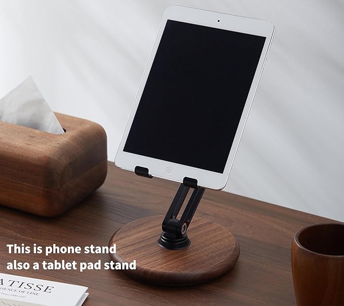 RENMTURE Phone Desk Stand, Adjustable Foldable Cell Phone Stand with 360° Rotation for iPhone 16 15 14 13 Pro ipad, Mobile Phones & Tablets Stable, Ergonomic Holder for Home Office, Walnut Wood Base