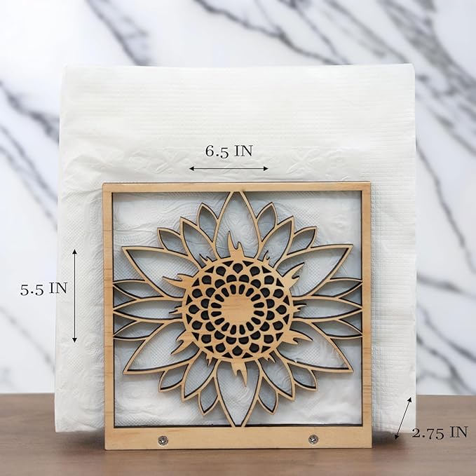 Handmade Sunflower Wood Napkin Holder for Farmhouse Rustic Decor - Laser Cut Farmhouse Table Kitchen Dispenser - Great Gift for Mother's Day or Leo Zodiac Birthday