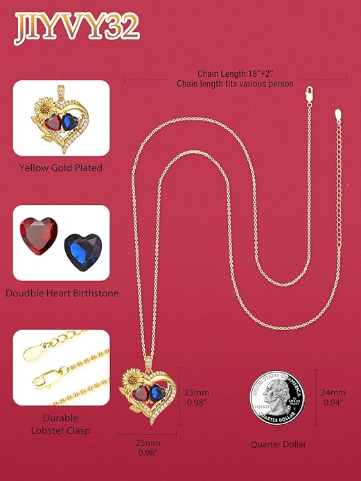Sunflower Heart Necklace for Women 14K Gold Exquisite Valentines Day Anniversary Birthday Gifts for Wife Mother Her Double Birthstone Pendant Jewelry‘You Are My Sunshine’