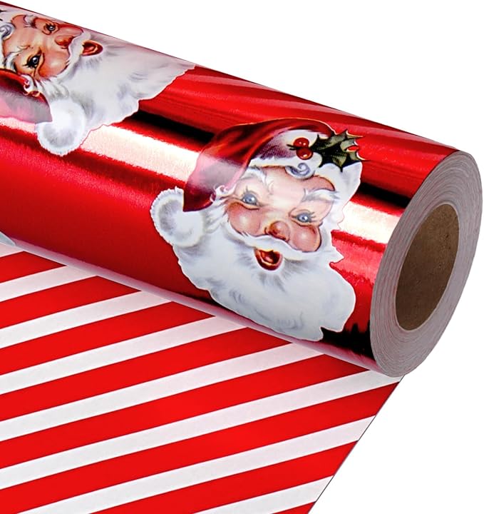 LaRibbons Vintage Santa Christmas Wrapping Paper Roll – Double-Sided Foil Gift Wrap with Candy Cane Stripes, Holiday Wrapping Paper for Xmas Presents & Decorations, 17 Inch × 33 Feet