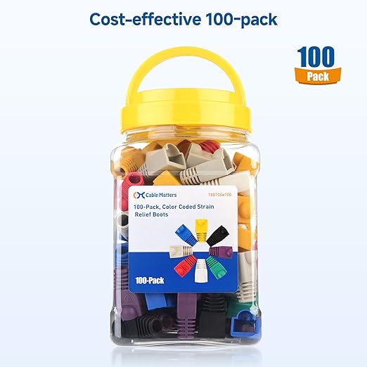 Cable Matters 100-Pack Cat6 / Cat5e RJ45 Strain Relief Boots, RJ45 Boot, Cat 6 Ethernet Boots, Multicolored, Fits 6.5mm (0.25in) Ethernet Cables