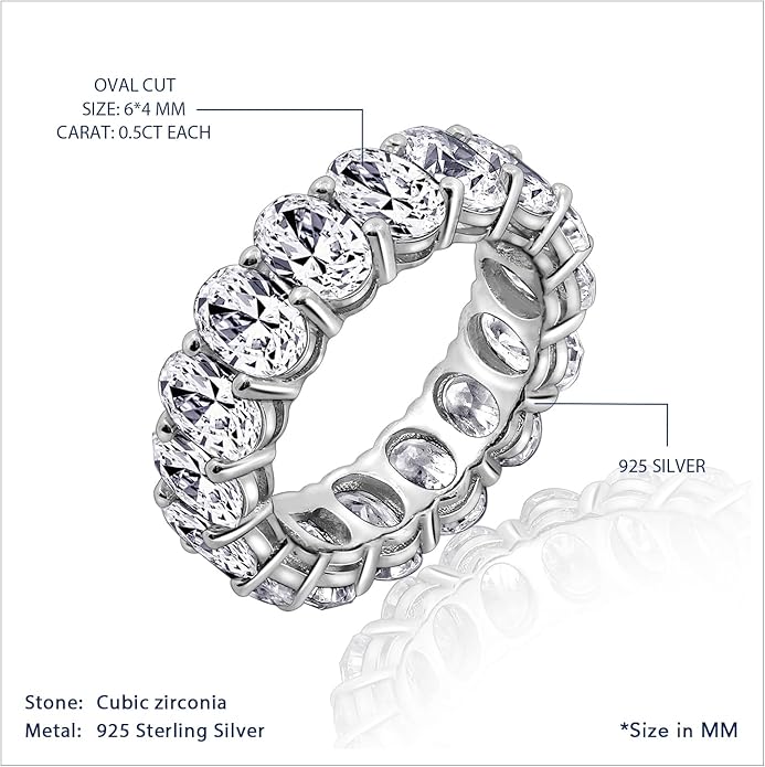 Marilyn Monroe Oval Cut Eternity Ring | Solid 925 Sterling Silver Infinity Band for Women | 7.50 Carats 100 Facet Oval Cut Cubic Zirconia CZ Simulated Diamond Engagement Ring