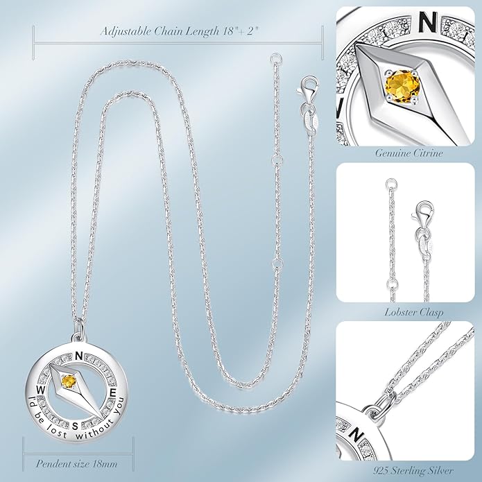 FANCIME Sterling Silver Compass Birthstone Necklaces Fine Jewelry Anniversary Birthday Gifts for Women Her Wife Mom