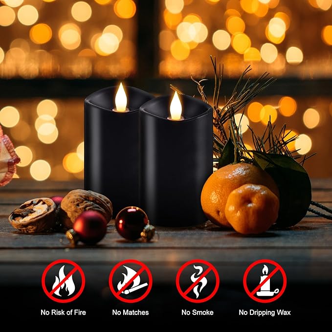 2PCS, 3 x 5 inches Flameless Candle with Remote Control, 3D Flickering Wick, Real Wax Pillar LED Candles, Battery Operated Candles,with Timer,for Holiday Home Decor, Black