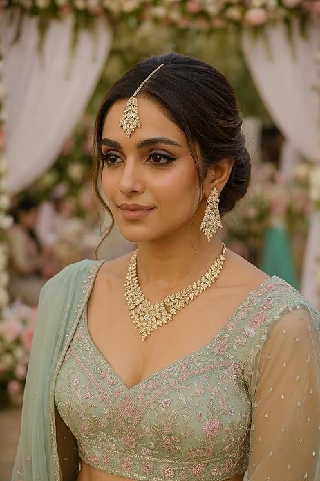 Touchstone Indian Bollywood Tinsel Town Traditional Western Taste Studded Diamond Look Rhinestones Designer Bridal Jewelry Necklace Set for Women