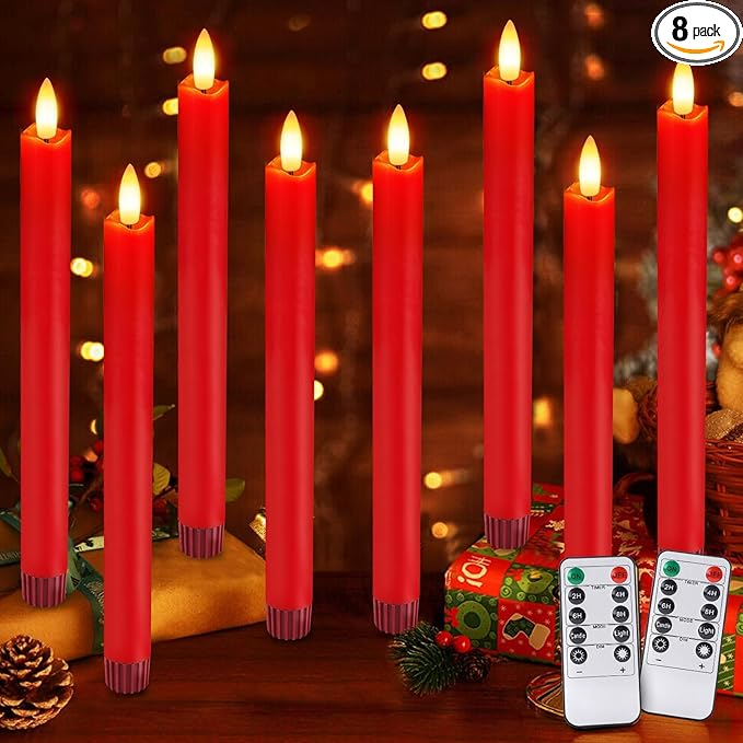 Flameless Candles with Remote: 8 Pack Battery Operated Window Candles 9.6" Real Wax LED Flickering Flameless Taper Candles 3D Wick Lights Halloween Christmas Wedding Birthday Party Decorations (Red)