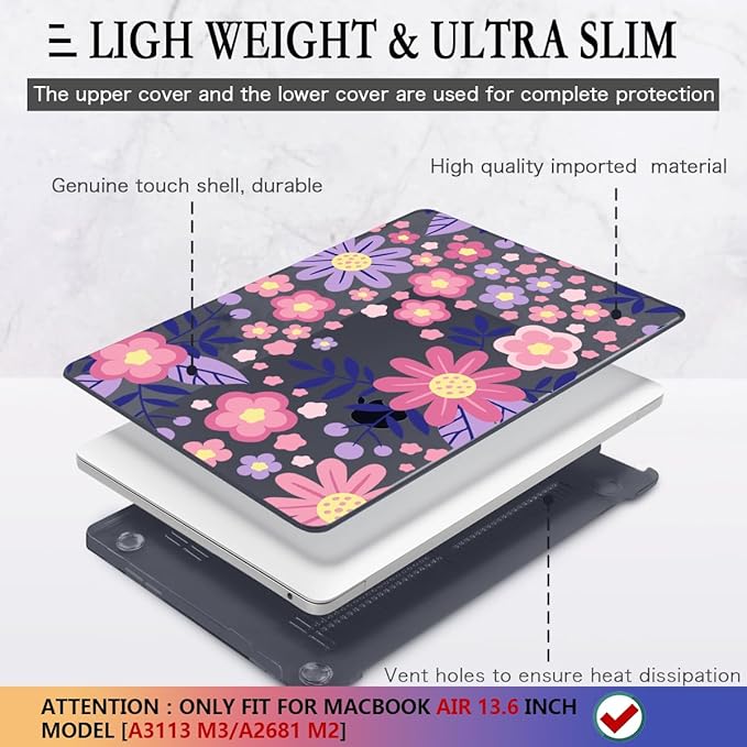 CISSOOK for MacBook Air 13 inch M4 M3 M2 Case 2025 2024 2023 2022, Hard Shell Case Keyboard Skin Screen Protector for MacBook Air 13.6 A3240 A3113 A2681, Stylized Flowers