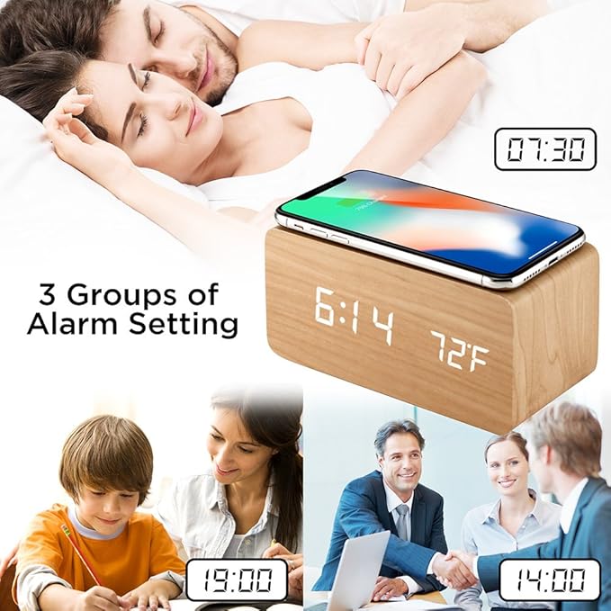 OCT17 Alarm Clock with Qi Wireless Charging Pad Compatible with iPhone Samsung Wood LED Digital Clock Sound Control Function, Time Date, Temperature Display for Bedroom Office Home - Wood