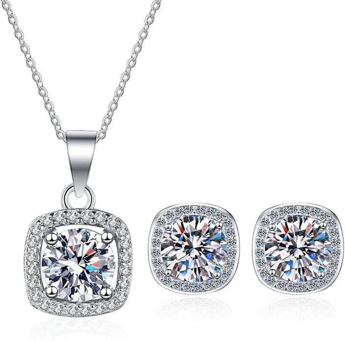 14K Gold 1/2 Carat Diamond Square Necklace & Stud Earrings Set, Micro-Pave Design Two-Piece Jewelry Set, Great for Women Birthday Gifts