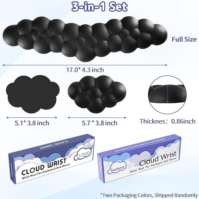 Cloud Wrist Rest for Keyboard and Mouse, Memory Foam PU Leather Keyboard Wrist Rest with Ergonomic Support, Non-Slip Base, Cute Arm Rest Pad & Palm Cushion, Office Desk Accessory, Black