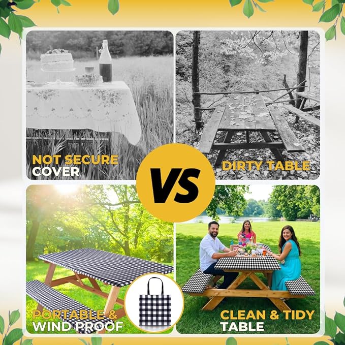 RNOONY 6ft Polyester Picnic Table Cover with Bench Covers Windproof & Waterproof Tablecloth, Perfect for Camping Gifts & RV Essentials, Cool Camping Gadgets with Carrying Bag, 72x30 Inches,4Pcs,Black