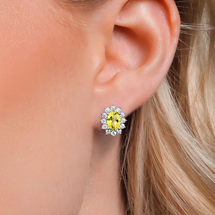 Gem Stone King 7X5MM Oval Gemstone Birthstone Stud Earrings For Women | Princess Diana Royal Halo Style | 925 Sterling Silver | Fine Jewelry Gifts for Anniversary Wedding Her Mom Women Wife