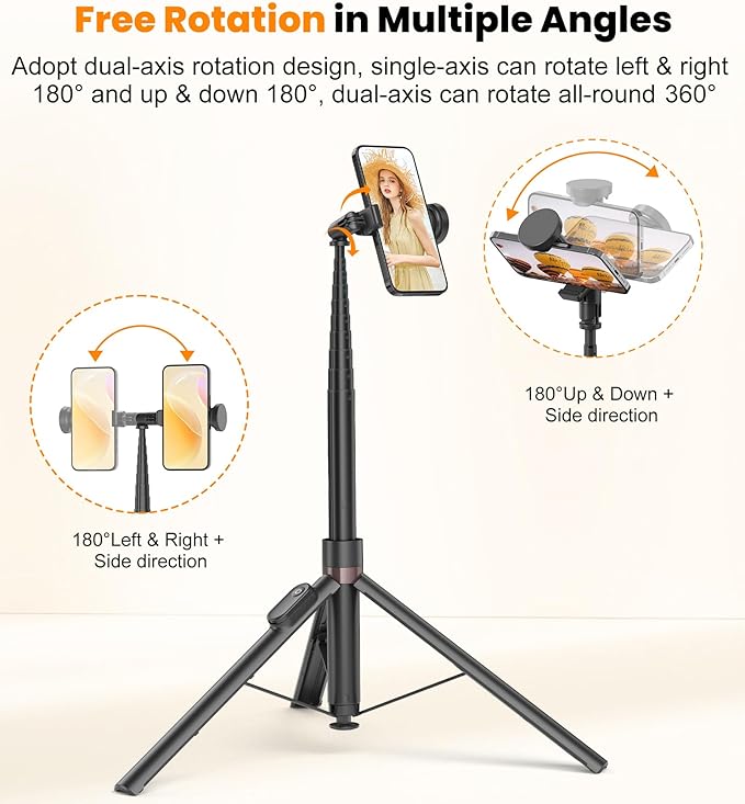 TONEOF 66" Automatic Tripod,Auto-Open Phone Tripod Stand with Magnetic Rechargable Remote,Selfie Stick Tripod 360° Vertical & Horizontal Rotatable,Stable Travel Tripod for iPhone/Android(Black)