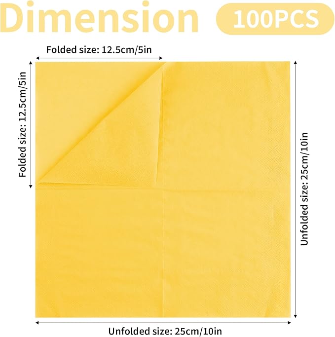 100 Pack Cocktail Napkins, 2-Ply 5x5 Inch Beverage Napkins, Square Edged Disposable Paper Napkins for Wedding, Birthday Party, Dinner, Coffee Bar (Yellow)