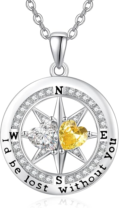 Compass Necklace for Women, Exquisite S925 Valentines Day Anniversary Birthday Gifts for Wife Her Double Birthstone Pendant Jewelry ‘I'd be Lost Without You’