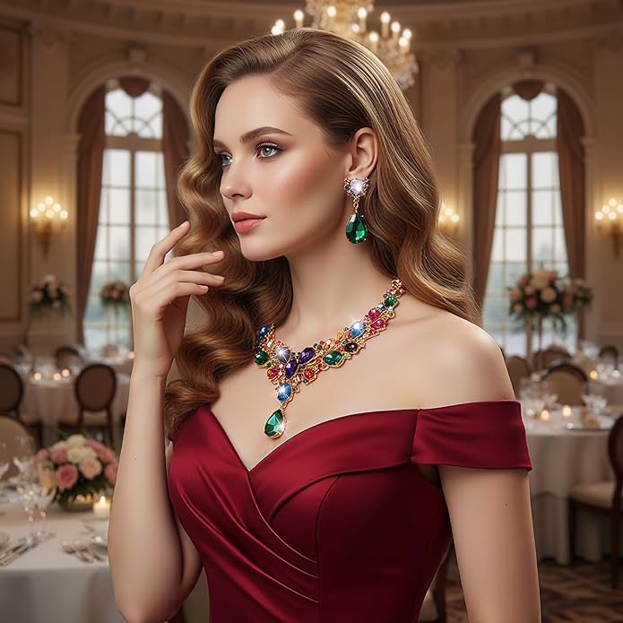 Hicarer Bridal Teardrop Cluster Crystal Jewelry Set for Women Necklace Earrings Wedding