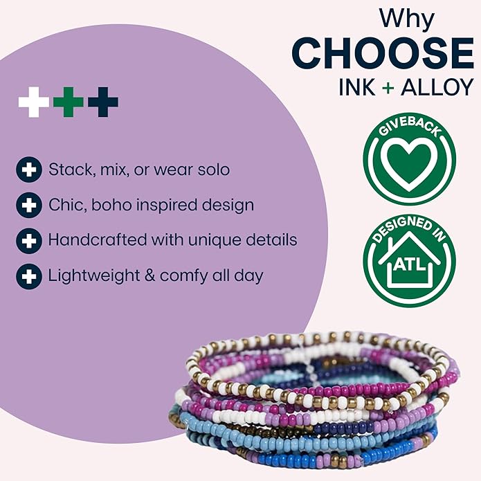 INK + ALLOY 10-Strand Stacking Beaded Bracelets for Women – Mixed Patterns Bracelet Stack - Adjustable Stretch Fit - Handmade Boho Bracelets for Women - Perfect for Any Occasion