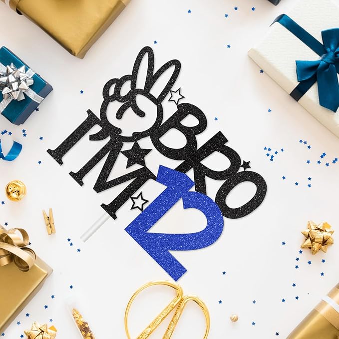 Bro I'm 12 Cake Topper, 12th Birthday Decorations for Boy, Glitter Funny 12th Birthday Cake Topper, Big Brother 12 Year Old Birthday Party Decoration Supplies