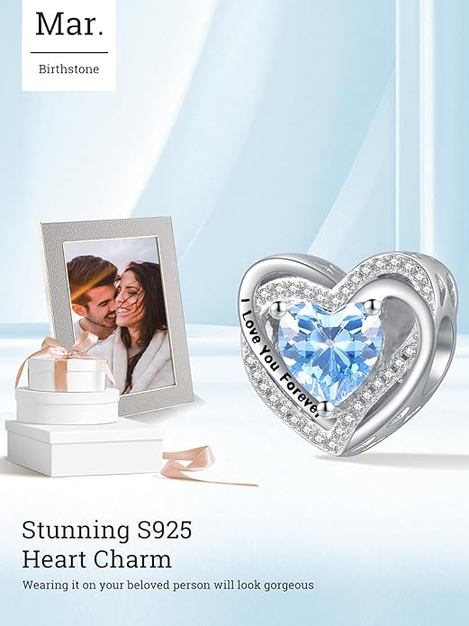 Heart Birthstone Charms for Bracelets, 925 Sterling Silver Women Bead Charms for Charm Bracelets Necklace, Mother's Day Birthday Anniversary Jewelry Gifts for Wife Mom Grandma Daughter