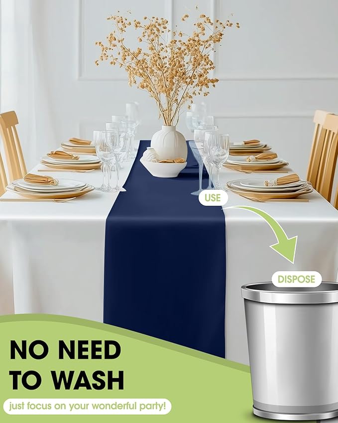 Pureegg Navy Blue Plastic Table Runners - 12 Pack, 14'' x 108'', Water Resistant & Disposable Centerpiece Decorations for Table Cloth, Wedding, Birthday, Holiday, Baby Shower, Party, Home Decor