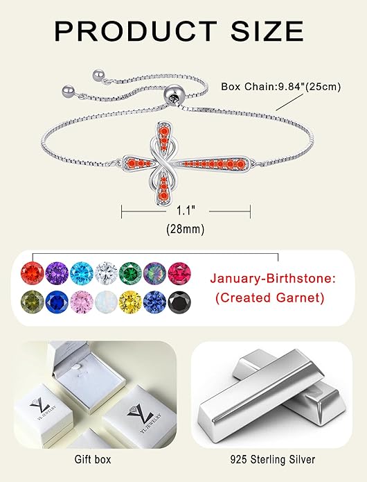 YL Cross Bracelet 925 Sterling Silver Infinity Sideways Link Bracelet Birthstone Jewelry for Women