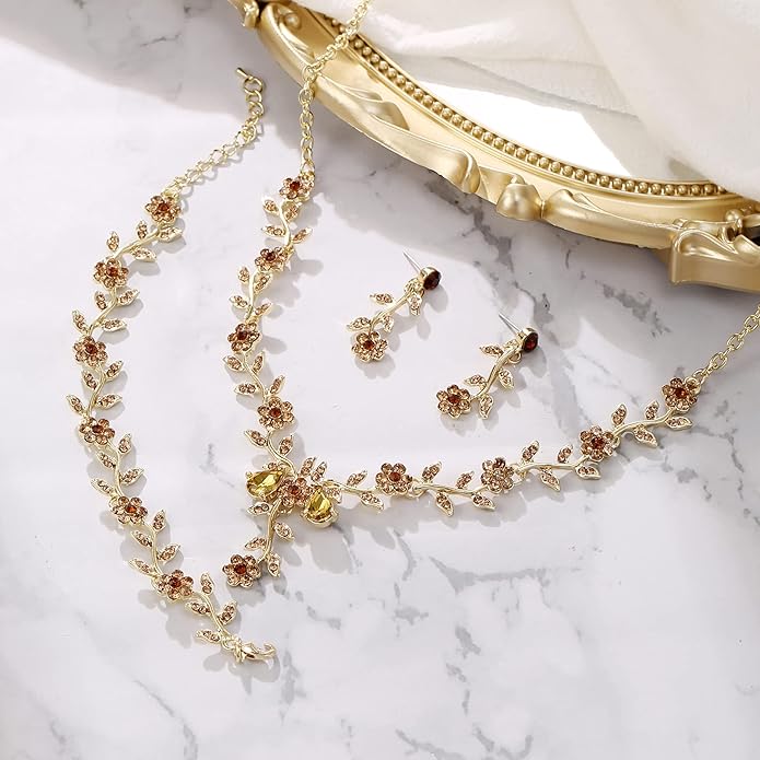 BriLove Women's Wedding Jewelry Leaf Cluster Flower Crystal Dangle Earrings Pendant Necklace Set for Bridal