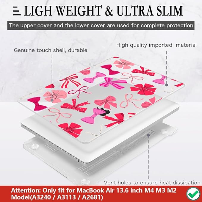CISSOOK Compatible with MacBook Air 13.6 inch Case 2025 2024 2023 2022 Release A3240 A3113 A2681, Plastic Hard Shell Case Keyboard Cover Screen Protector for MacBook Air 13inch M2 M3 M4, Pink Bows