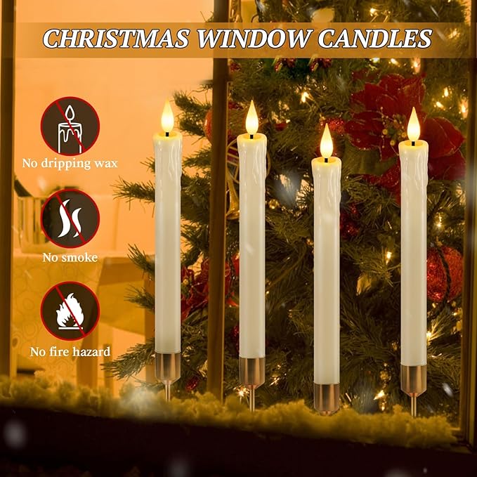 OCATO Flameless Candles with Remote Timer: 8 Pcs Battery Operated Window Candles 9.6" Real Wax LED Flickering Flameless Taper Candles 3D Wick Lights Halloween Christmas Wedding Party Decorations Ivory