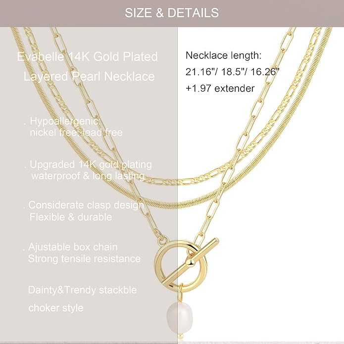Evabelle Gold Layered Necklace for Women Trendy Jewelry 14K Real Gold Plated Chunky Chain Stackable Necklaces Dainty Choker Necklaces Rectangle Square Pendant