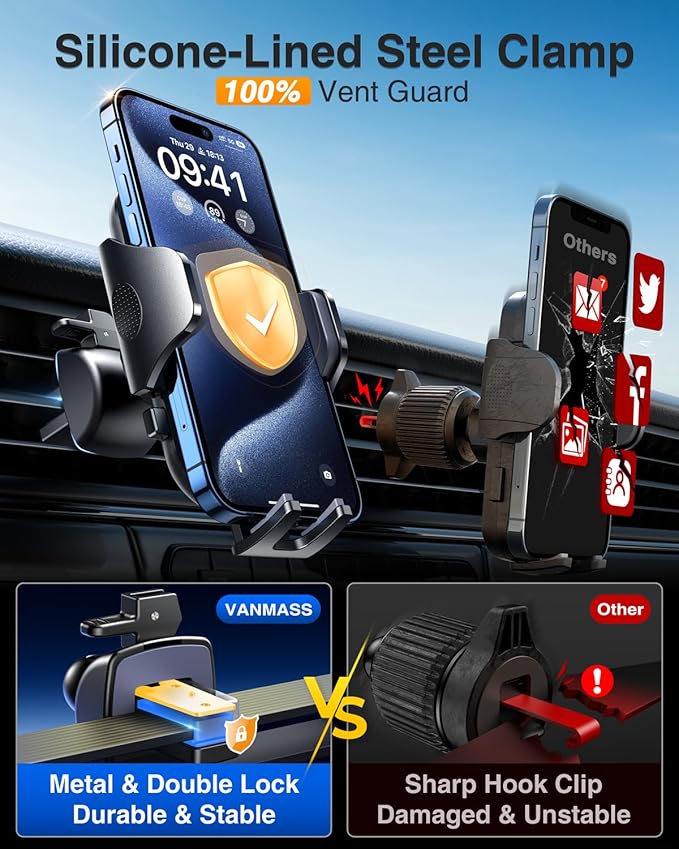 VANMASS 2025 【True Military-Grade】 Phone Holders for Your Car 【65 LBS Strongest Suction & Clip】 Ultimate Cell Phone Mount Dashboard Window Vent for iPhone 16 Pro Max 15 14 13 Samsung Android