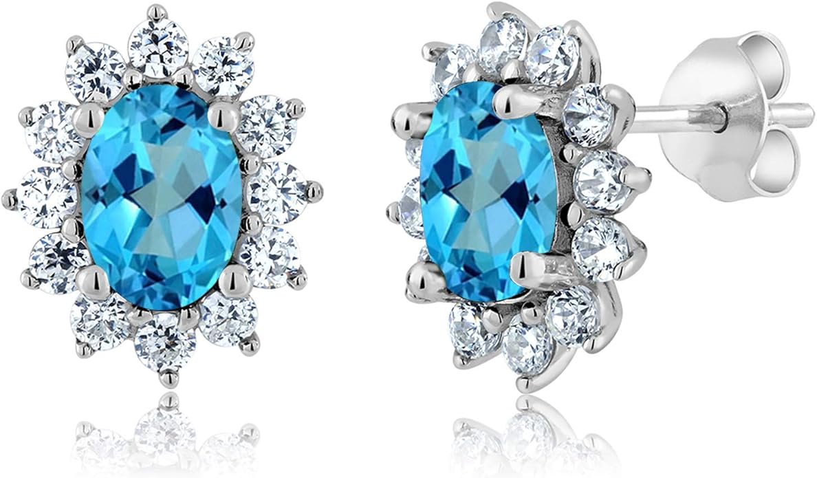 Gem Stone King 7X5MM Oval Gemstone Birthstone Stud Earrings For Women | Princess Diana Royal Halo Style | 925 Sterling Silver | Fine Jewelry Gifts for Anniversary Wedding Her Mom Women Wife