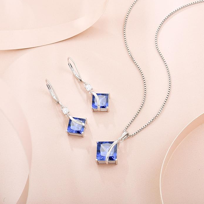 Square Princess Cut Necklace and Earrings Set 925 Sterling Silver Solitaire Tanzanite Jewelry Set for Women December Birthstone Jewelry Gifts for Her