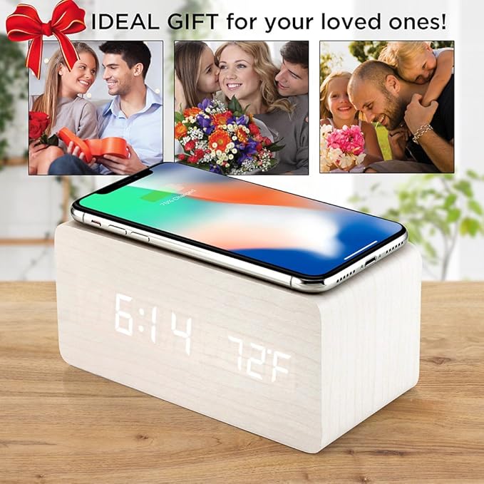 OCT17 Alarm Clock with Qi Wireless Charging Pad Compatible with iPhone Samsung Wood LED Digital Clock Sound Control Function, Time Date, Temperature Display for Bedroom Office Home - White