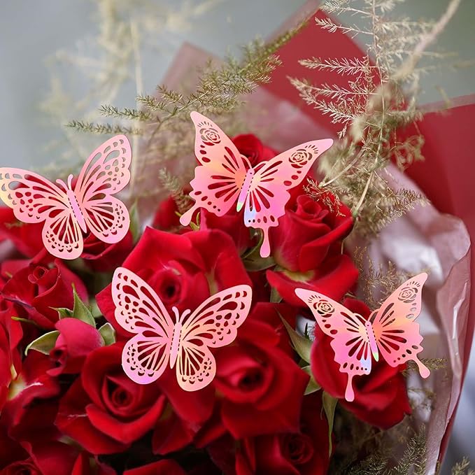Laser Pink Butterfly Decorations, 48Pcs 2 Styles 3 Sizes Butterflies for Cake Cupcake Toppers, 3D Paper Sticker for Bouquets Birthday Baby Shower Kids Girl Room Wall Nursery Grad Graduation Caps Decor