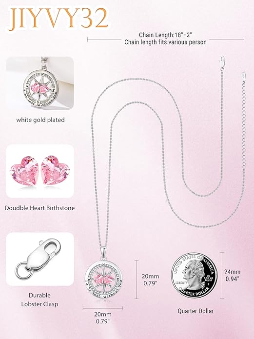 Compass Necklace for Women, Exquisite S925 Valentines Day Anniversary Birthday Gifts for Wife Her Double Birthstone Pendant Jewelry ‘I'd be Lost Without You’