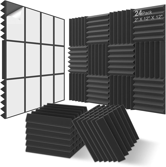 JBER 24 Pack Sound Proof Acoustic Foam Panels, Thicken, 5 X 30 X 30 cm Self-Adhesive Acoustic Wall Paddings for Home Office Studios (Black)