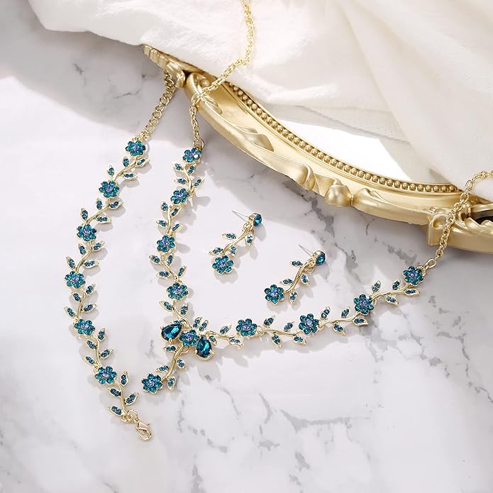 BriLove Women's Wedding Jewelry Leaf Cluster Flower Crystal Dangle Earrings Pendant Necklace Set for Bridal