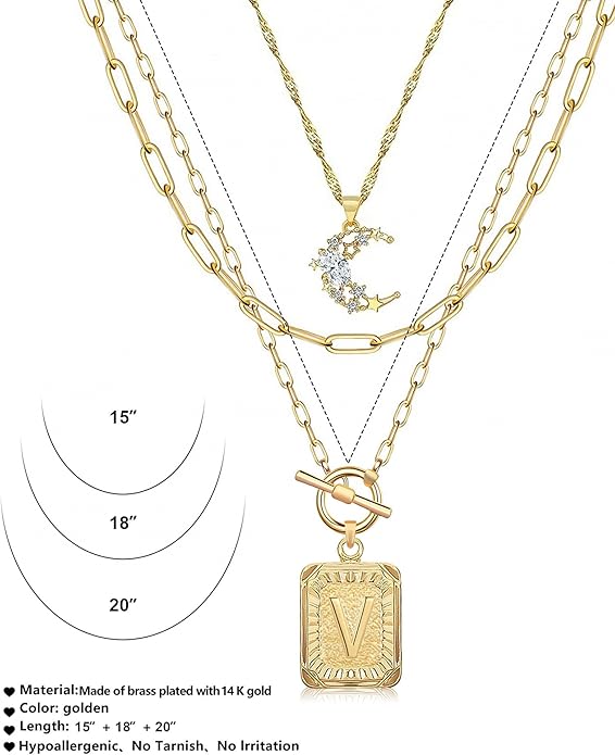 MJartoria Layered Initial Necklaces for Women Trendy, 14K Gold Plated Brass Simple Moon Choker Square Letter Pendant Necklace, Paperclip Chain Necklaces Jewelry Gifts