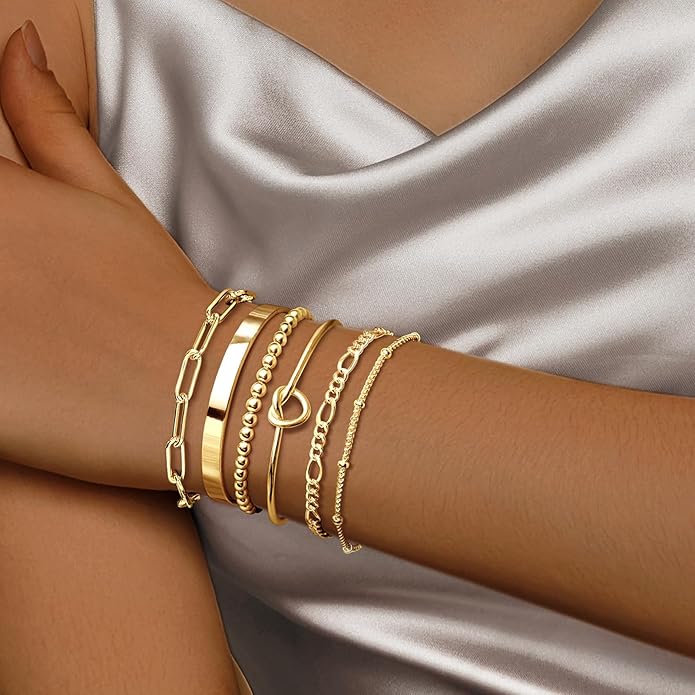 Gold Bracelets for Women 18k Gold Plated Bracelet Stack Bangle Cuff Bracelet Set for Women Non Tarnish Beaded/Paperclip/Cuban Link Chain Bracelets Jewelry for Women Trendy