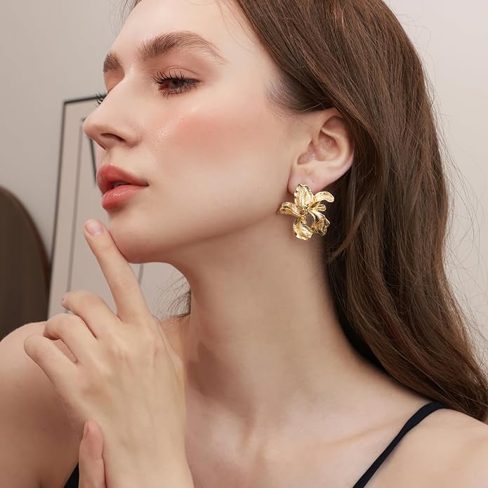 Gold Flower Statement Earrings for Women, Large Chunky Bohomian Summer Beach Floral Earring, Irregular Bold Exaggerated Earrings