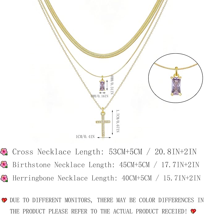 3Pcs Gold Layered Necklaces for Women, 14K Gold Plated Cross Necklace, Dainty Birthstone Necklace for Women, Herringbone Gold Necklaces Set, Stackable Women's Gold Pendant Necklaces Jewelry Set